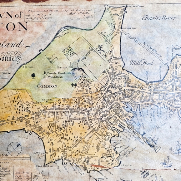 1835 Antique Primitive Map Wood Board Town of Boston New England By John Bonner - Picture 11 of 16